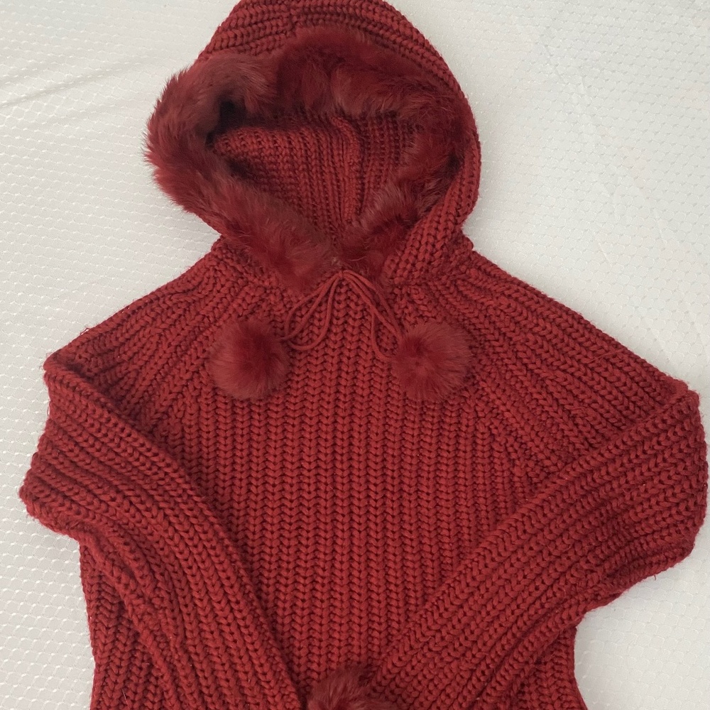 Girl's Fur and Wool Sweater in Cranberry Red. Kenji Hooded Top. M.